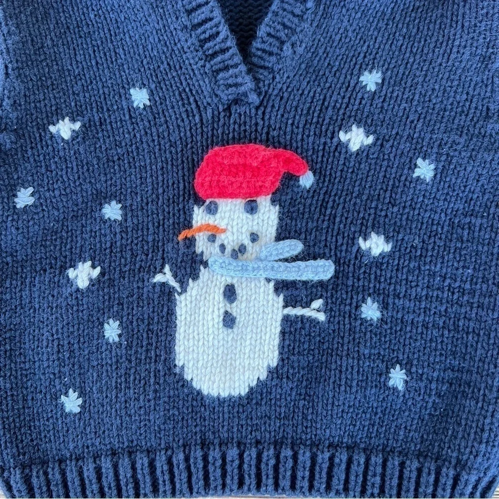 BabyGap Snowman Hooded Knit Sweater Newborn 3-6 Months Navy Blue Christmas GUC